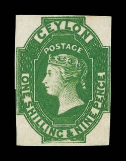 19d. yellow-green, unused without gum, close to large margins light horizontal crease at top, otherwise a fine example of this very rare shade. R.P.S. Certificate (1968). Sc.
12a, S.G. 11a, £4500