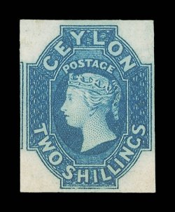 2- dull blue, a lovely bright and rich shade, unused without gum, good to large margins showing portion of adjoining stamp at left, tiny nick in margin towards upper left
otherwise fine. A choice example of this rare stamp. Sc. 13, S.G. 12, £600