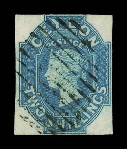 2- dull blue, small to large margins on three sides, outer frameline shaved at top, neatly cancelled, small thin at left not affecting fine appearance. Sc. 13, S.G. 12,
£1200.