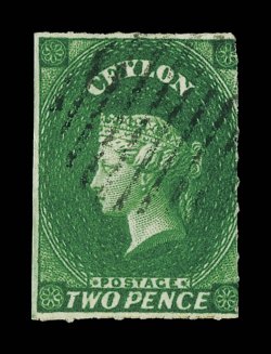 2d. green, lightly cancelled, showing roulettes or traces thereof on three sides, fine. Extremely rare, only a handful of examples recorded. R.P.S. Certificate (1978). Sc. see
footnote after 13 S.G. 14, £1400. provenance: P.C. Pearson, Apri