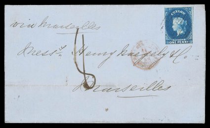 1858 (12 May) entire from Colombo to Marseilles, bearing 1d. deep blue with close to large margins showing portion of adjoining stamp at right paying the inland rate to ship,
lightly tied by oval of bars, showing Marseilles entry datestamp in red