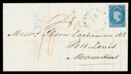 1862 (28 Jan.) entire letter from Melbourne to Mauritius, carried privately to Galle, bearing 1d. blue with margins in places paying the inland rate to the ship, neatly tied by
light oval of bars, showing gallepost not paid c.d.s. alongsid