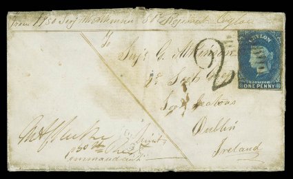 1857 (3 Nov.) soldiers entire letter from Nuwera Ellia to his brother, a Sergeant in the 2nd Scots Greys, in Dublin, headed From 1950 Serj. I.W. Atkinson 50th Regiment Ceylon,
countersigned by Commanding Officer, bearing 1d. blue (cut-into