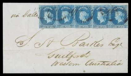 1858 (10 Sept.) entire letter from Galle to Guilford, Western Australia, marked via Galle, bearing 1d. deep turquoise-blue strip of five with re-entries on the left-hand pair,
touched or just cut-into in places, cancelled by oval of bars an