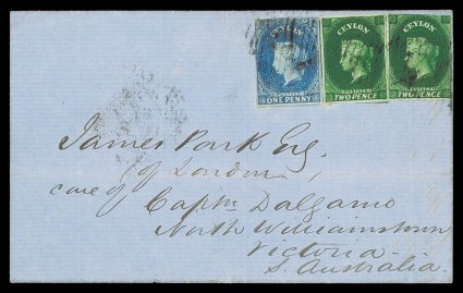 1858 (14 Dec.) entire from Kandy to Victoria, bearing 1d. deep turquoise-blue (touched in one corner) and 2d. green (2, one fine, the other cut-into), all cancelled by oval of
bars and showing, on reverse, kandypost-paid in red and kand