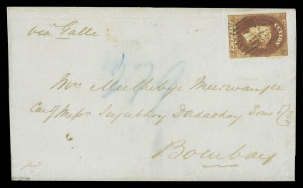 1858 (Mar.) entire from Kandy to Bombay, marked via Galle, bearing 5d. chestnut (touched at foot) placed sideways and centrally cancelled by oval of bars, Kandy Post Paid and
Steamer Letter datestamps on reverse. Sc. 6 S.G. 5.
