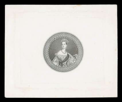 The original essay prepared by Perkins, Bacon & Co., showing Chalon half-length portrait engraved by William Humphrys with engine-turned background and ornamental circular
surround, State 1 without circular frame-line dividing the portrait from t