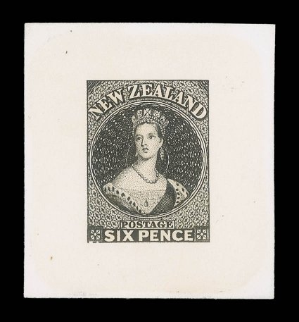 6d., stamp-size in black on India paper, affixed to card (40x44mm.). Extremely rare. Holcombe Certificate (1988). provenance: Christies Robson Lowe, October
1989