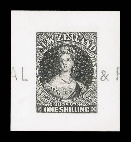 1-, stamp-size in black on India paper, affixed to card (35x38mm.) showing part of a straight-line h.s. on face either side of the design and showing, on reverse, part of
Perkins, Bacon & Co., Ltd oval rubber h.s. in violet. Extremely rare. Holc