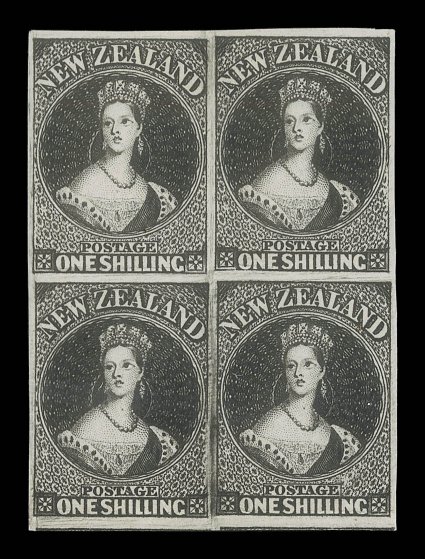 1d., 2d. Plates I and II and 1- original plate proofs in black on medium thick, wove, unwatermarked paper, each in a block of four with one 1- showing Row 11 [4] apparent
re-entry right vertical pair of the 2d. Plate I block with light vertica