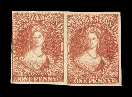 1d. dull carmine on white paper, a magnificent horizontal pair with large part original gum, clear to very large margins and showing trace of adjoining stamp at right, rich
vivid color and of superb appearance. One of the greatest rarities of N