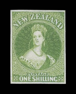 1- pale yellow-green on blued paper, unused without gum, large regular well-balanced margins and of beautiful fresh, bright color. Exceptional and, without doubt, one of the
finest of the few recorded examples of this very rare stamp. R.P.S. (19
