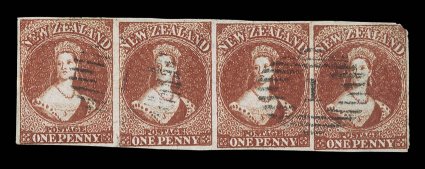 1d. dull carmine on white paper, the famous and unique horizontal strip of four, Row 113-6 with 3 showing pronounced re-entry and 6 showing an under-inking of the plate
causing shadows to the letters of  new zealand , exceptional deep ri
