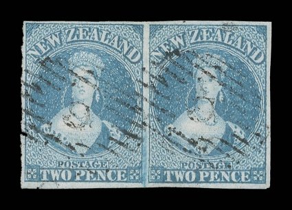 2d. dull blue on blued paper, a horizontal pair with good to large margins and each neatly cancelled 9 at New Plymouth very fine. Signed Holcombe. Sc. 2 S.G. 2. Note:
Apparently the two obliterators numbered 6 were withheld to avoid confu