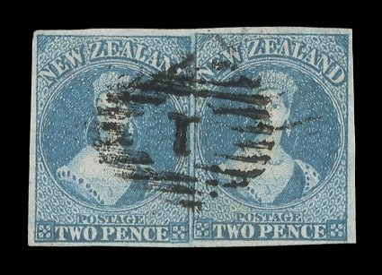 2d. dull blue on blued paper, a horizontal pair with good to large margins, centrally cancelled with a complete strike of the 1 obliterator at Auckland the right-hand stamp
with small corner crease not affecting fine appearance. R.P.S. Certifi