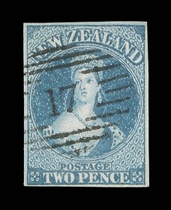 2d. dull blue on blued paper, good to large margins and crisply cancelled 17 at Christchurch a very fine and most attractive example. B.P.A. Certificates (1992 and 1987). Sc.
2 S.G. 2. provenance:  H. Gordon Kaye, November 1991
