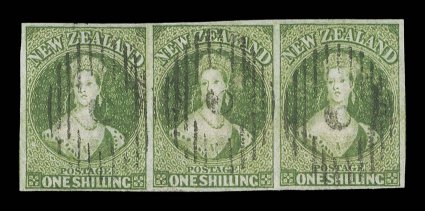 1- pale yellow-green on blued paper, a horizontal strip of three with good to large margins all round, each neatly cancelled 9 at New Plymouth ironed-out horizontal crease and
the center stamp with small internal fault, nevertheless an extrem