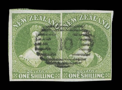 1- pale yellow-green on blued paper, a horizontal pair with good to enormous margins and showing traces of adjoining stamps at left side and top left, neatly cancelled with a
superb centrally placed strike of the 10 obliterator at Wellington.