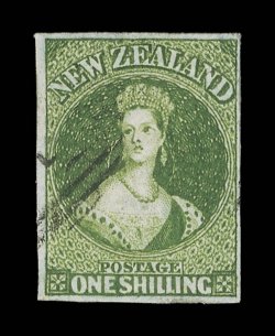 1- pale yellow-green on blued paper, strong vibrant color, good to large margins and lightly cancelled at left leaving the portrait largely clear natural horizontal paper
wrinkle. Most attractive. B.P.A. Certificate (1979). Sc. 3 S.G. 3, £5,50