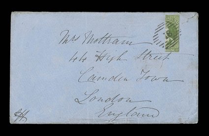 1857 (24 Sept.) envelope ex the Mottram correspondence from Otago to London, bearing 1- pale yellow-green on blued paper bisected vertically with clear to good margins on the
three sides, neatly cancelled with superb 18 and showing lig