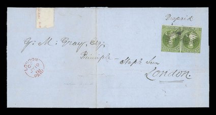 1858 (8 Apr.) triple rate 2oz. entire from Nelson to London, marked Prepaid and bearing 1- pale yellow-green horizontal pair with clear to very large margins in places, placed
inverted and twice cancelled 14, London Paid c.d.s. (19.7) at