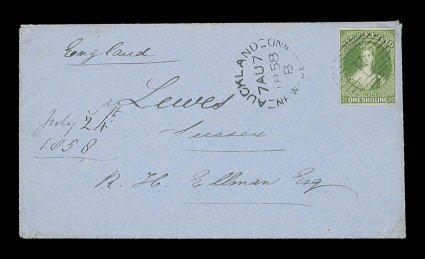 1858 (3 Aug.) envelope from Ahuriri to Lewes, Sussex, bearing 1- pale yellow-green on blued paper with good to large margins and cancelled with a superb crisp strike of the 11
obliterator, Auckland transit c.d.s. (7.8) alongside. Exceptional a