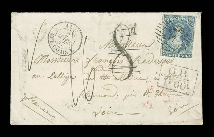 1856 (11 Oct.) envelope from Nelson to St. Chamond, Loire, bearing 2d. dull blue on blued paper with large margins in places showing traces of two adjoining stamps, clearly
cancelled 14 and showing Plymouth large 8d charge h.s. (deleted), m