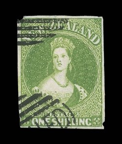 1- pale yellow-green, position 4 in the vertical block of six small split at right and other small faults nevertheless of fine appearance. R.P.S. Certificate (2000). S.G. Cat.
£25,000. provenance: E.W. and W.W. Mann Charles Williams, 19