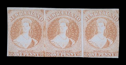 1d. red, a horizontal strip of three, unused without gum, large to very large margins at top, left and elsewhere, fresh bright color a few small imperfections though an
attractive and very rare multiple. Holcombe Certificate (1993). Sc. 4 S.G.
