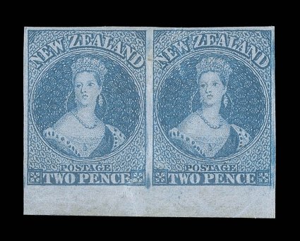 2d. blue, a marginal pair from the foot of the sheet, Row 205-6, unused with large part original gum and fresh color, large to enormous margins all round wrinkled in places,
partially due to paper contraction, and a couple of small surface defe