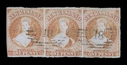 1d. red, a horizontal strip of three with clear to large margins and showing trace of adjoining stamp at top, twice neatly cancelled 18 at Otago left-hand stamp with tiny age
mark at top and the right-hand stamp with vertical creases though of
