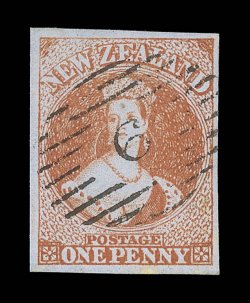 1d. red, strong rich color, good to very large margins and neatly cancelled 6 at New Plymouth tiny age mark at foot, otherwise superb. Sc. 4 S.G. 4, £1,800. provenance:
Christies Robson Lowe, October 1989