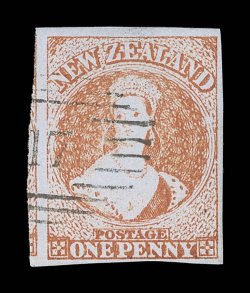 1d. red, bright fresh color and with good to enormous margins with portion of adjoining stamp at left, crisply cancelled 17 at Rangiora tiny surface thin at right and a small
crease in one corner, otherwise fine. Sc. 4 S.G. 4, £1,800.  pro