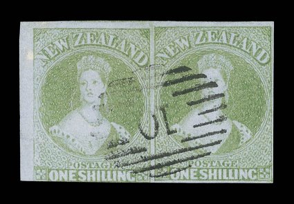 1- green, a marginal horizontal pair, fresh bright color, good to extremely large margins except at base of left-hand stamp where design is just shaved, neat and centrally
cancelled 10 at Wellington small treated age mark at upper left, other