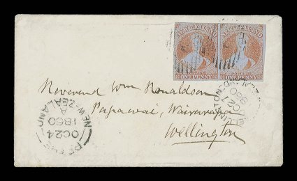 1860 (24 Oct.) envelope from New Plymouth via Petre to Wellington, bearing 1d. red horizontal pair with just clear to very large margins all round and showing trace of
adjoining stamp at right, each lightly cancelled 9 and additionally tied by