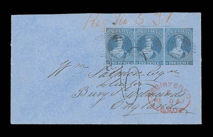1857 (30 Oct.) envelope registered from Nelson to Bury St. Edmunds, bearing 2d. blue horizontal strip of three with large to very large margins in places and showing traces of
three adjoining stamp, touched at foot and at right, lightly cancelled