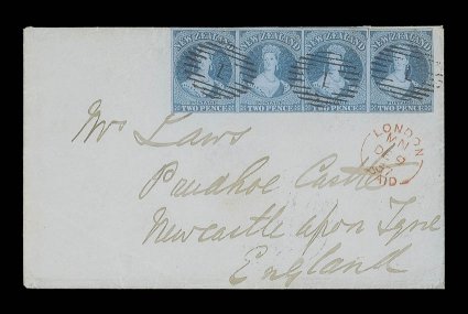 1857 (5 Sept.) envelope from Auckland to Newcastle-Upon-Tyne, bearing 2d. blue horizontal strip of four with just clear to large margins all round, thrice neatly cancelled 1
and with London Paid c.d.s. (9.11) in red below, the reverse with desp