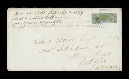 1858 (27 Dec.) envelope from Otago to Dublin, bearing 1- green bisected vertically placed sideways and with good margins on the three sides, lightly cancelled and tied by
indistinct obliterator, the reverse with clear despatch and arrival (1