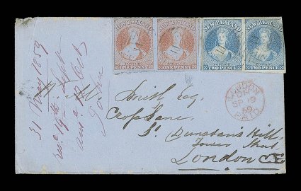 1859 (3 July) pale blue envelope from Ahuriri to London, bearing 1d. red horizontal pair with clear to very large margins showing traces of two adjoining stamps, in
combination with 1857-63 2d. blue horizontal pair with good to large margins most