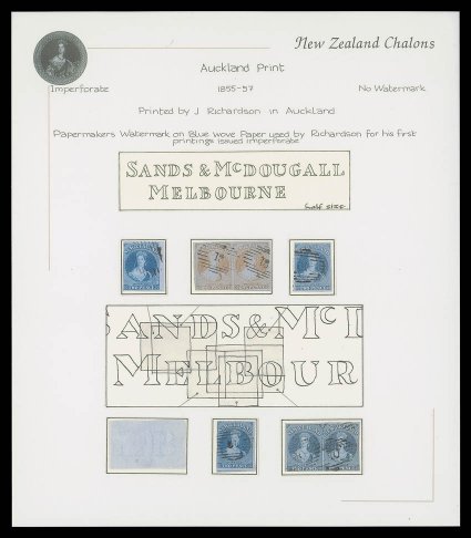1d. red pair and 2d. blue pairs (2) and singles (3) showing various portions of one or both lines of the watermark, the 1d. pair with margins all round, the 2d. items with
margins in places one 2d. pair and single defective though of generally g