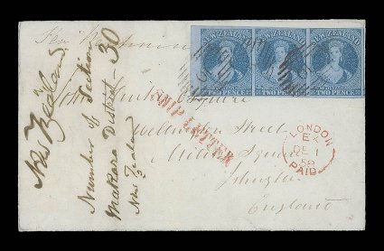 2d. blue horizontal marginal strip of three from the left of the sheet, clear to enormous margins and clearly showing part of a papermakers watermark vertically in margin,
thrice cancelled 10 and tied on 1858 (5 Aug.) envelope from Wellington