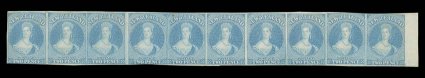 2d. blue on hard paper, a remarkable horizontal marginal strip of ten from the right of the sheet, of fresh bright color and unused with part original gum, just clear to
extremely large margins all round the fifth stamp with a vertical crease an