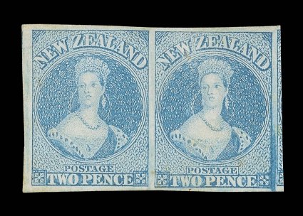 2d. pale blue on hard paper, a horizontal pair with traces of original gum, large to extremely large margins showing trace of adjoining stamp at right with strong burr rub
between this and the right-hand stamp a few lightened surface stains thou