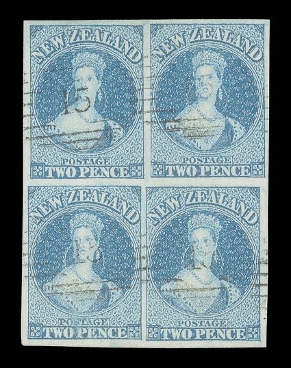 2d. dull deep blue on hard paper, a block of four with large regular margins, each neatly cancelled 15 at Nelson. Outstanding quality and a very rare and impressive multiple.
Odenweller Certificate (2004) states This is the only intact block o