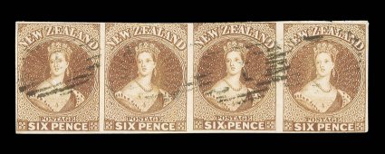 6d. brown on soft paper, a horizontal strip of four with clear to large margins nearly all round, two stamps with frame-line just shaved at top, each cancelled 1 at Auckland
with two struck very lightly leaving much of design clear, lovely warm