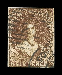 6d. brown on hard paper showing a very unusual inking flaw, rather like a very misplaced second impression and resulting in the stamp being in a rich warm color, clear to
large margins, cancelled 2 at Russell and with another unidentified cance