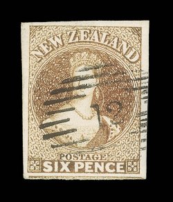 6d. pale brown on hard paper, large to very large margins all round and showing frame of adjoining stamp at foot, neatly cancelled 12 at Wanganui. An extremely fine and
exceptional example. Holcombe Opinion (1991). Sc. 9h S.G. 14, £300.