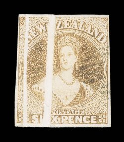 6d. pale brown with double vertical paper fold, good to very large margins and lightly cancelled at right leaving entire portrait clear very fine and most attractive. Sc. 9h
S.G. 14, £300+. provenance: H. Gordon Kaye, April 1991