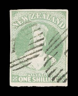 1- dull emerald-green on soft paper, good to large margins all round and with two part 7 obliterators thinning at top though of fine appearance. Holcombe Opinion. Sc. 10e S.G.
16, £1,700.