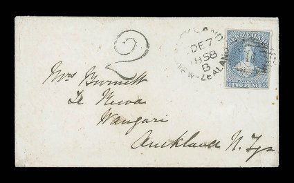1858 (30 Nov.) envelope from Nelson to Auckland, bearing 2d. pale blue with good to very large margins, cancelled 11 and additionally tied by arrival c.d.s. (7.12), also
showing a superb strike of the fancy 2 handstamp, indistinct despatch c.